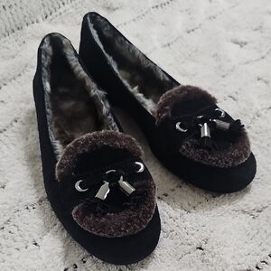 Stuart Weitzman Black and Brown Moccasin Loafers